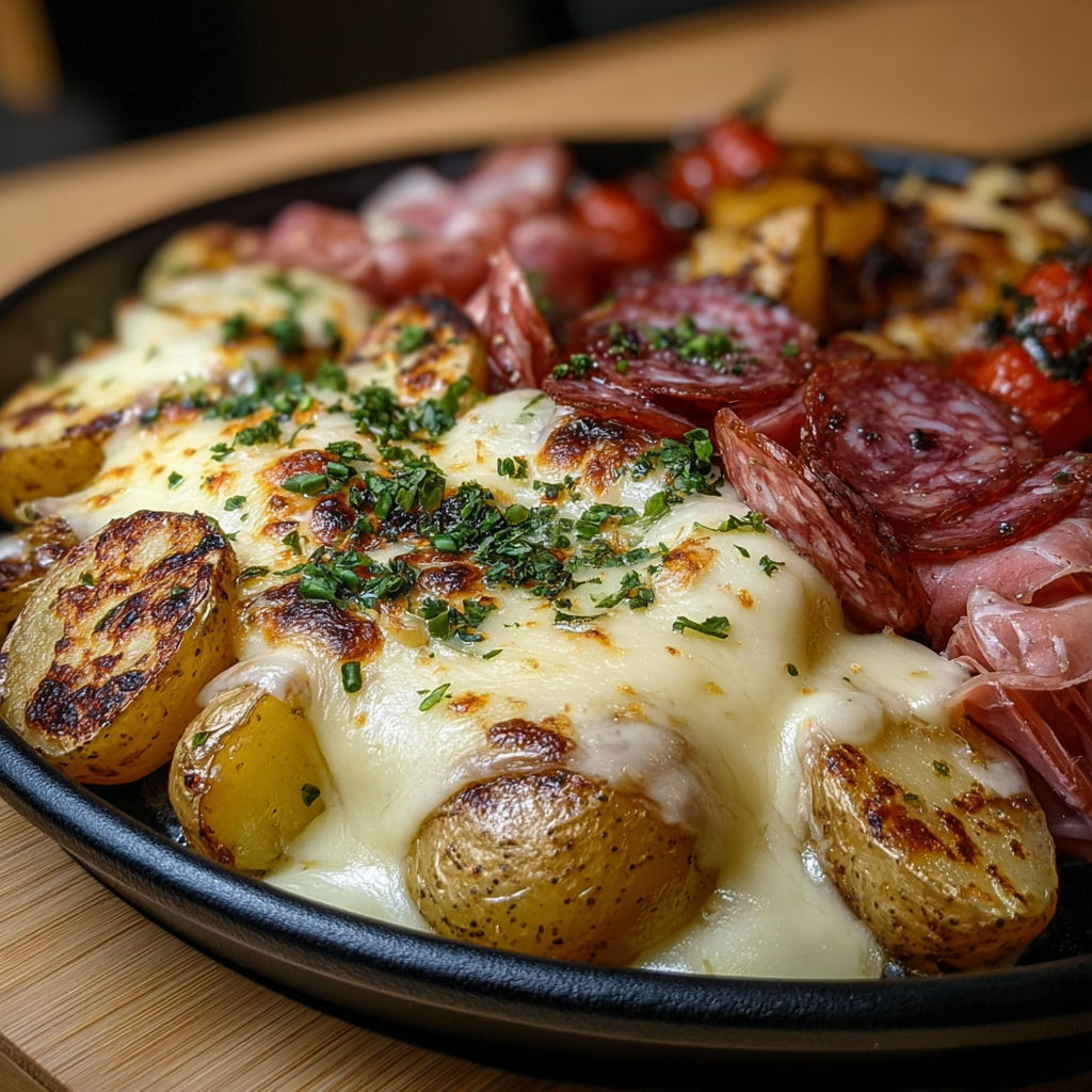 Une plaque de raclette gourmande au four, avec des potatoes, des tomates, du fromage fondu et des charcuteries.