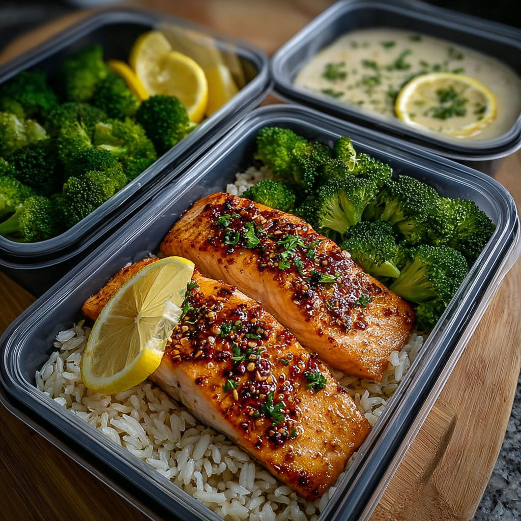 Saumon citron, riz complet et brocoli (meal prep) - Les assiettes de plastique contiennent des morceaux de saumon grillé, des riz et des brocolis.