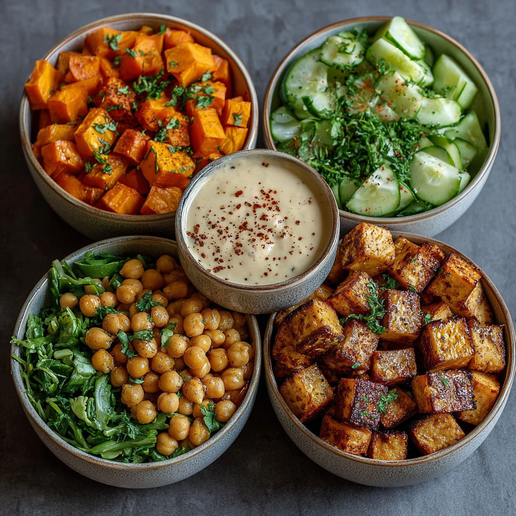 Un plat de Buddha contenant des légumes, des pois chiches et une sauce tahini.