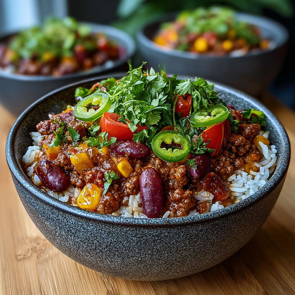 Une recette de chili con carne tex-mex au riz, servie dans un bol sur une table.