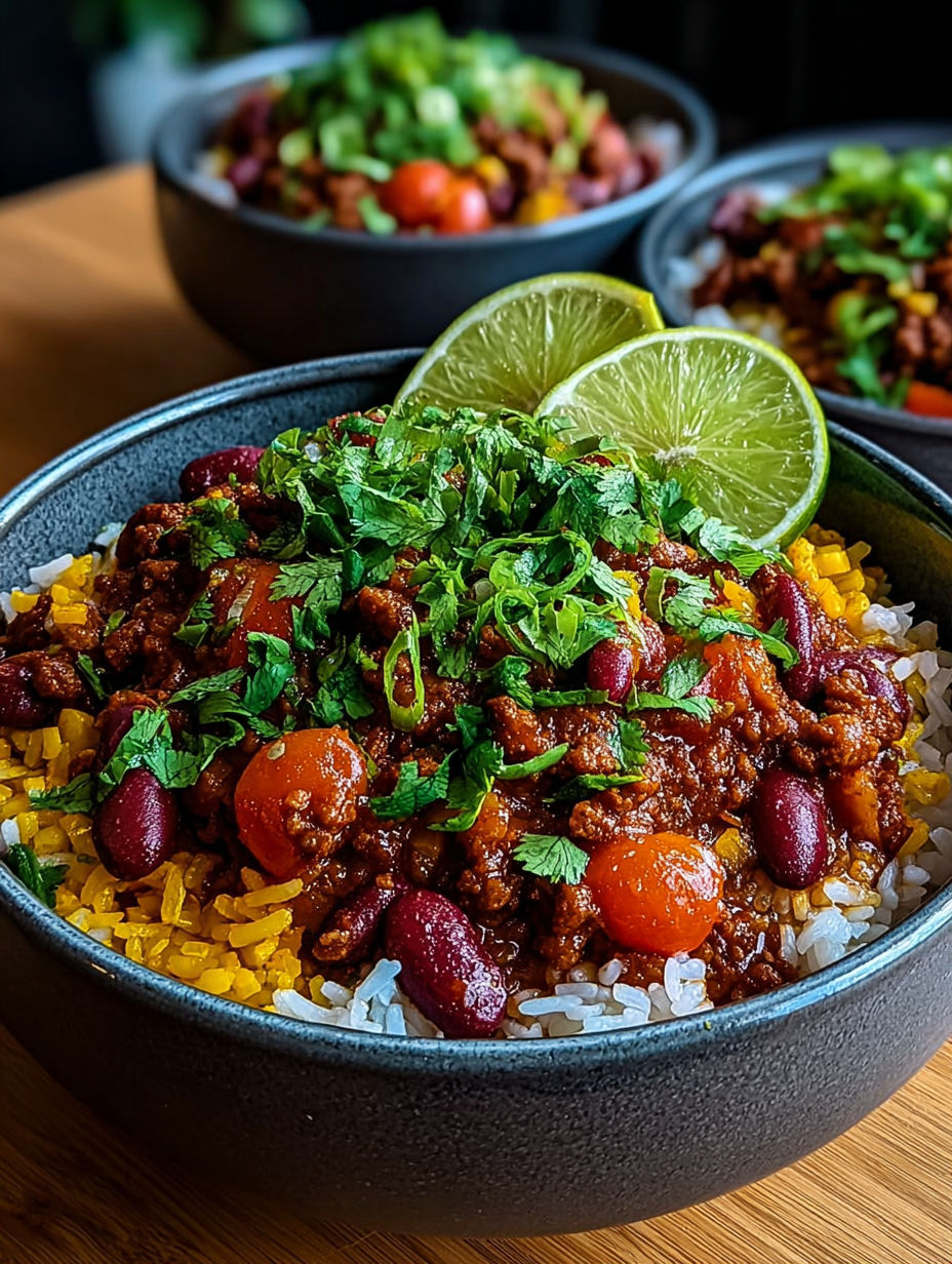 Une recette de chili con carne tex-mex au riz, servie dans un bol en verre.