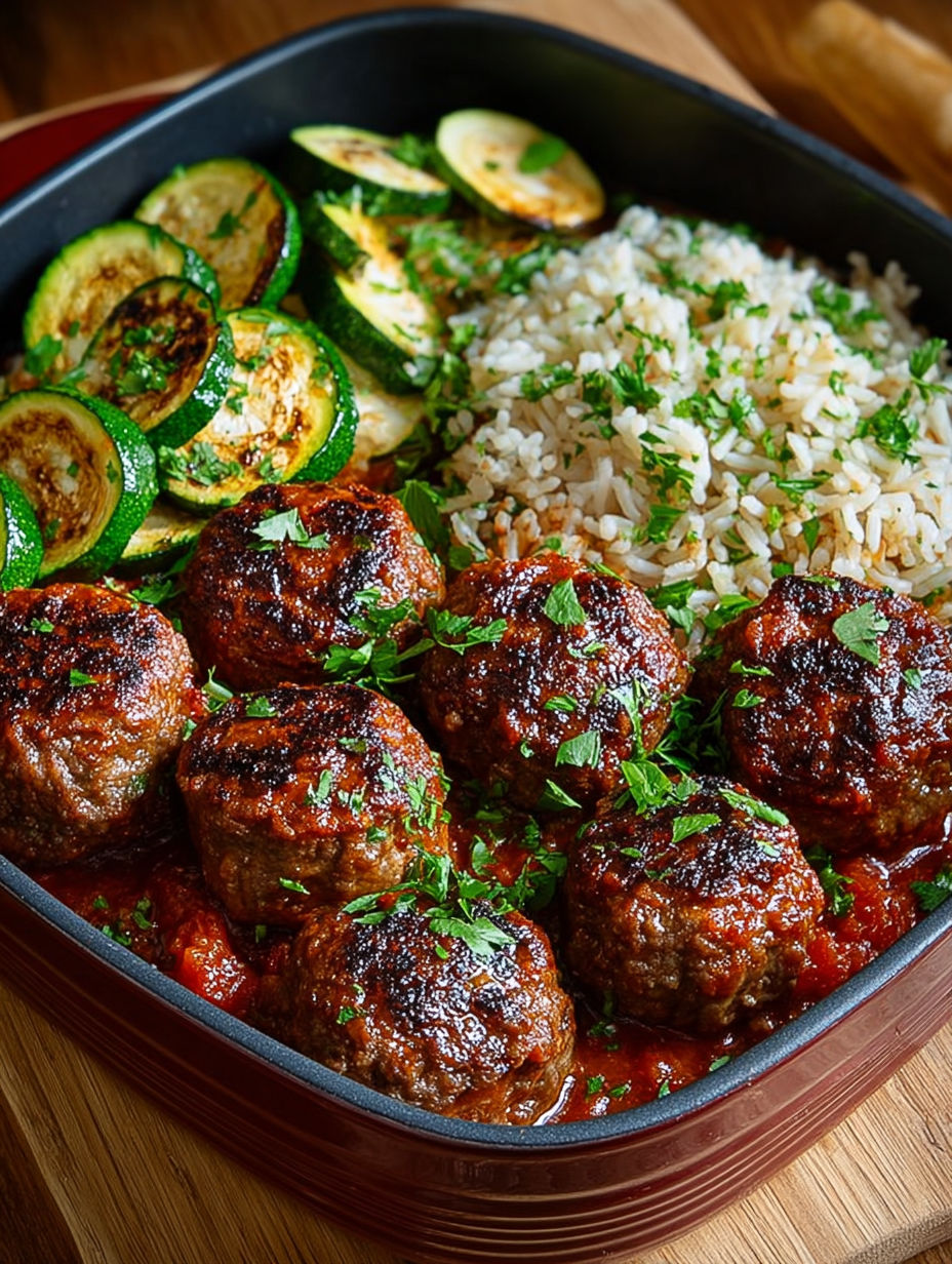 Plate of food with meatballs, rice, and vegetables.