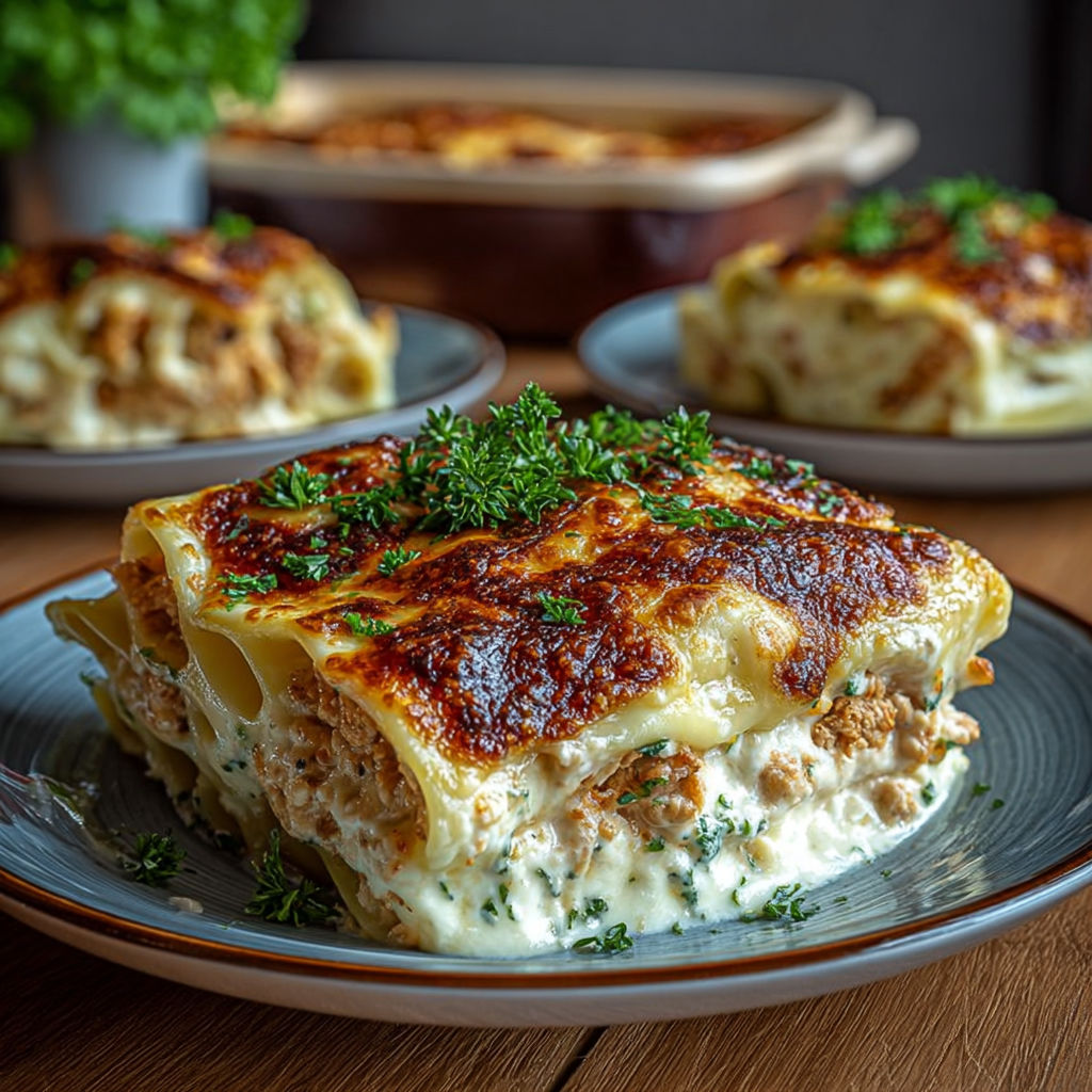 Un plat de cannelloni gratinés avec du poulet et de la ricotta.