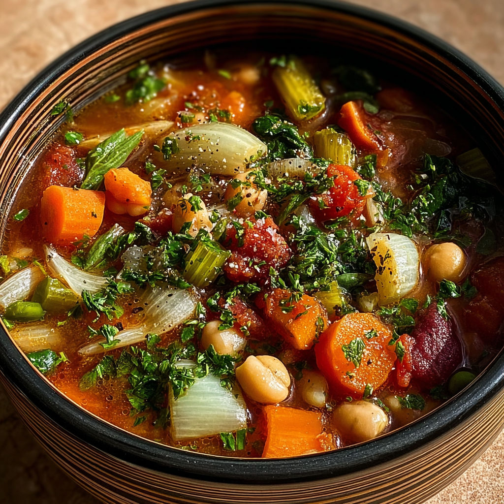 Un bol de minestrone rustique avec des légumes et des haricots.