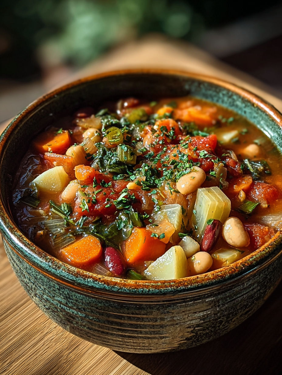 Une soupe de légumes colorés et épices dans un bol vert.