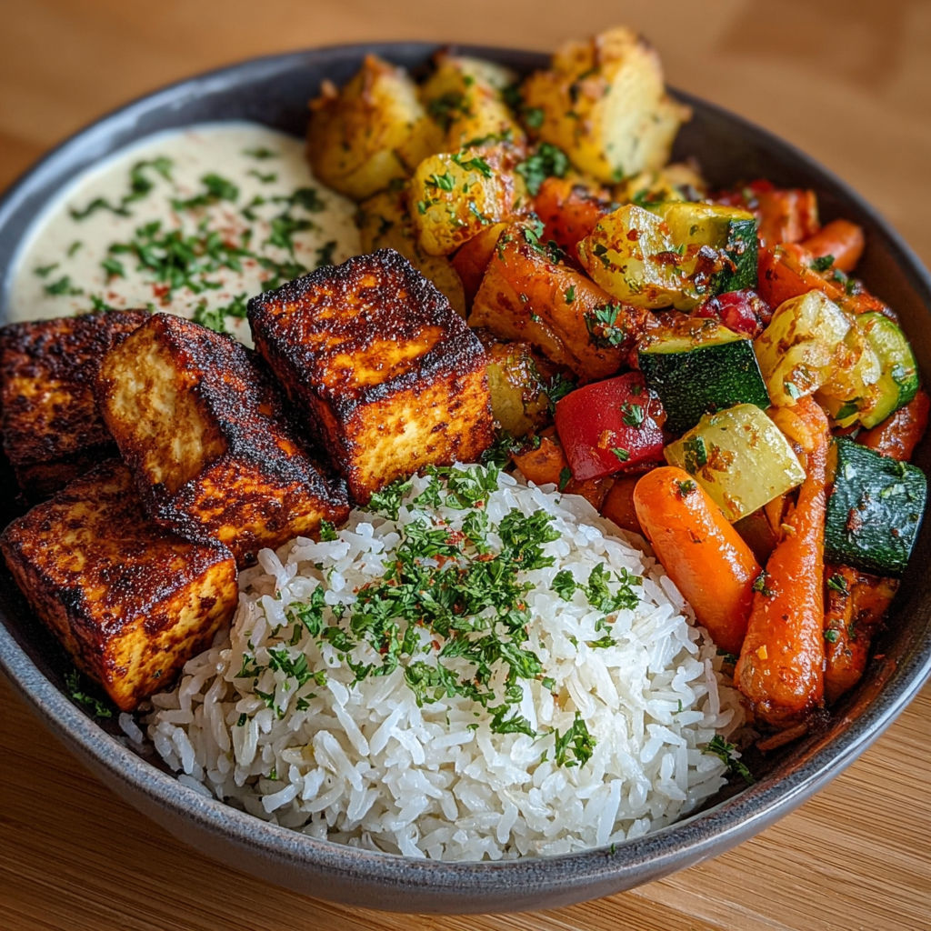 Une assiette de bol tofu grillé, riz et légumes rôtis, sauce herbes.