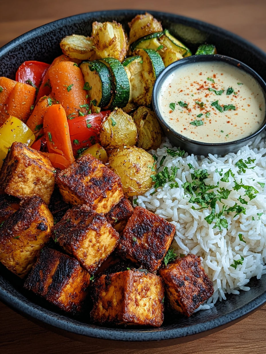 Bol tofu grillé, riz & légumes rôtis sauce herbes.