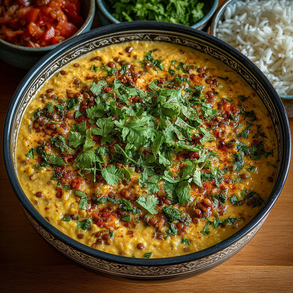 Une assiette de dal indien crémeux aux lentilles et épices, avec des herbes vertes sur le dessus.