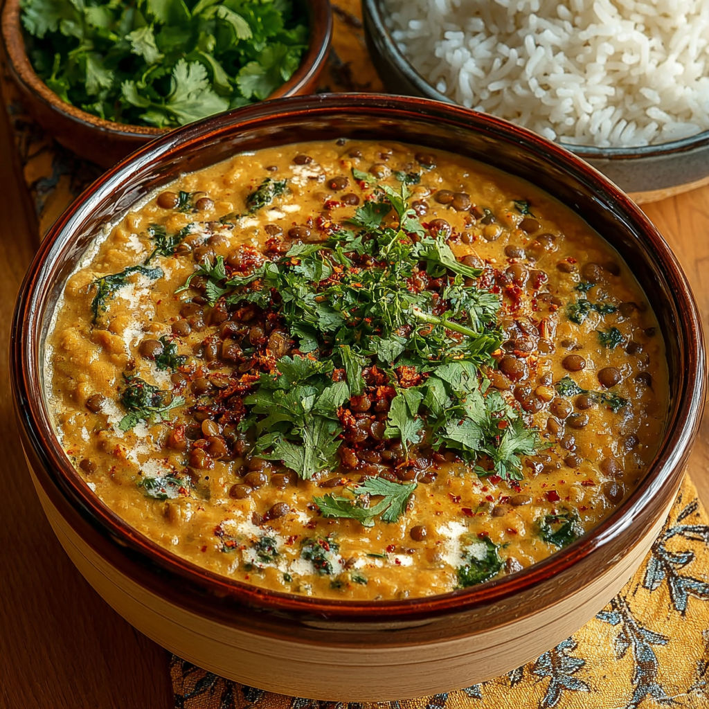 Un plat de soupes au curry avec des épinards et des herbes.