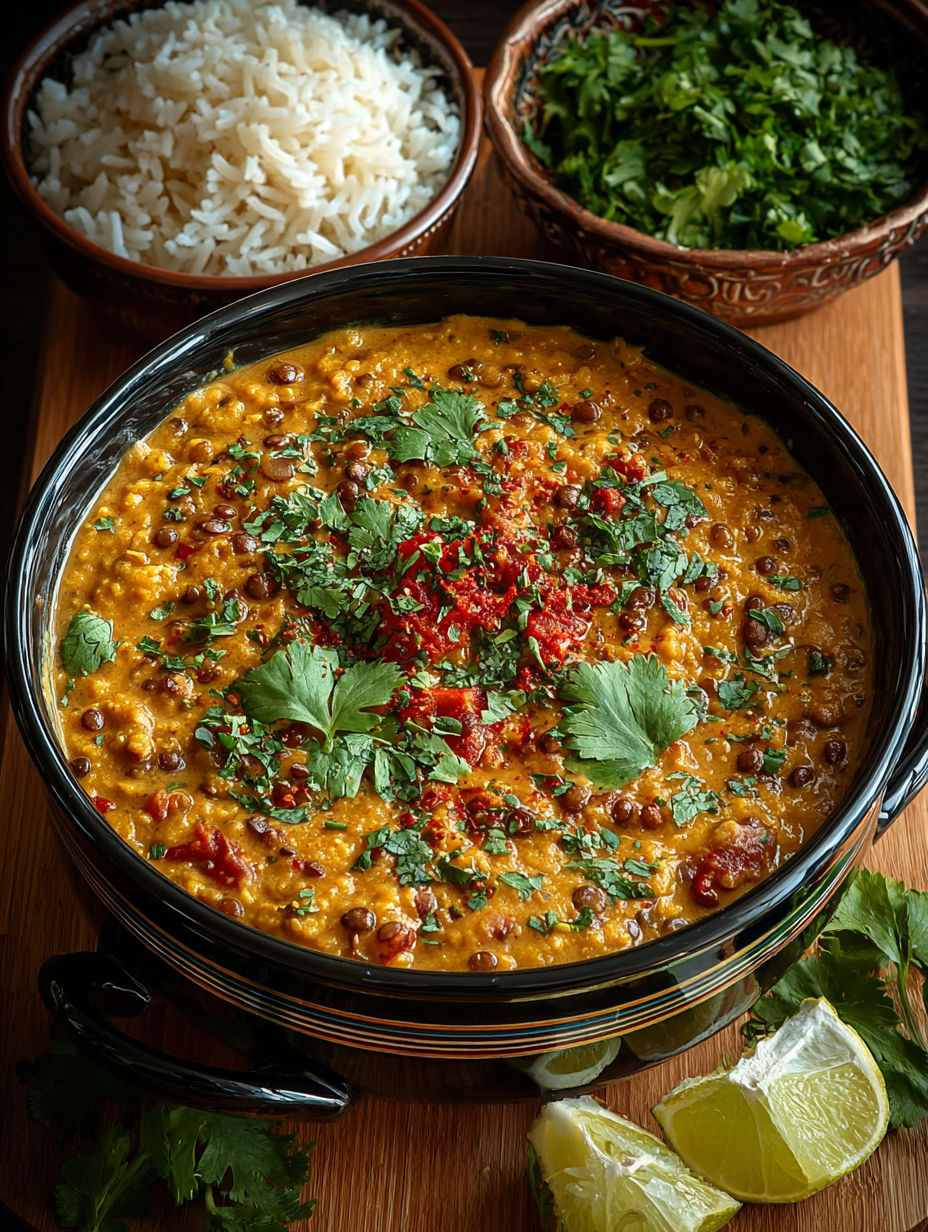 Une recette de curry est servie sur un plateau avec des légumes verts.