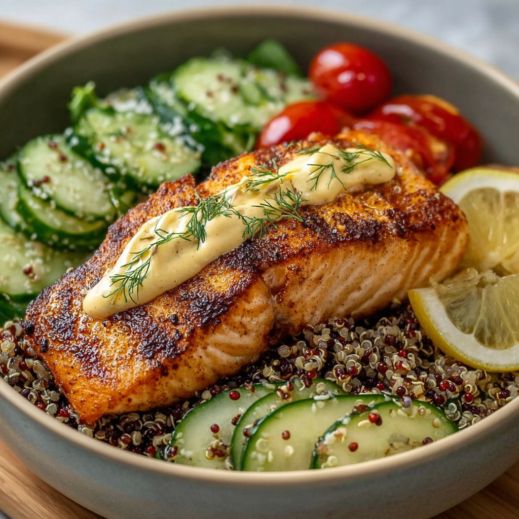 Un plat de saumon grillé avec aïoli, quinoa et crudités.