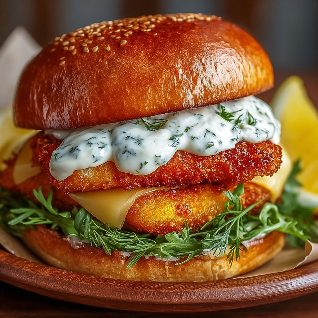 Un burger pané avec sauce aïoli maison et des légumes verts.