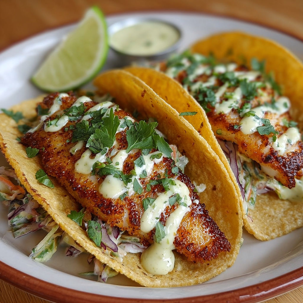 Tacos de poisson croustillant sauce aïoli citronnée, avec des légumes frais et une sauce citronnée, sont présentés sur un plateau.