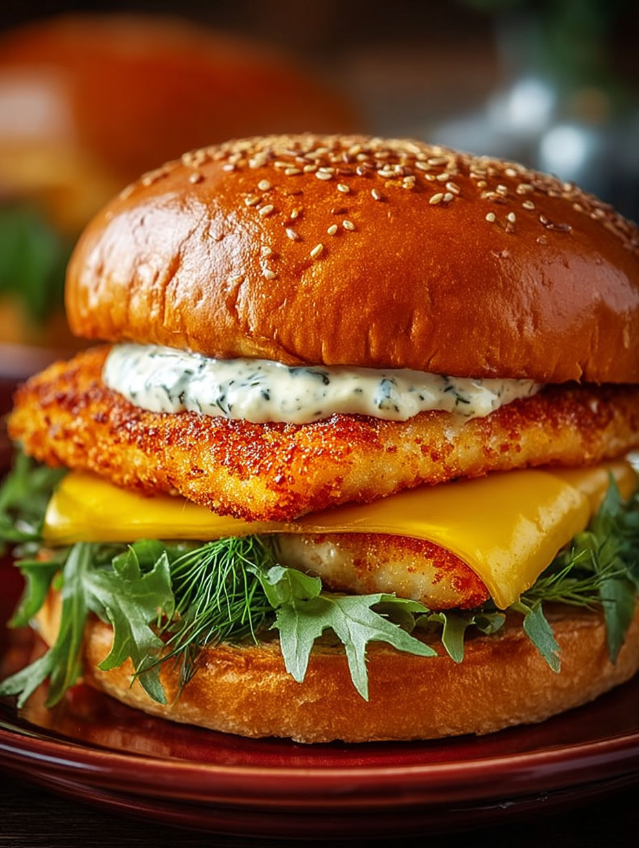 Une sandwich de poisson avec des légumes verts et une sauce.