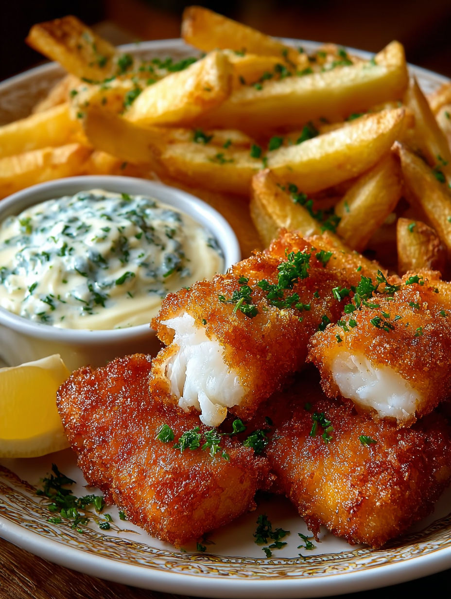 Une assiette de frites maison accompagnée d'un filet de poisson grillé et d'une sauce aïoli.