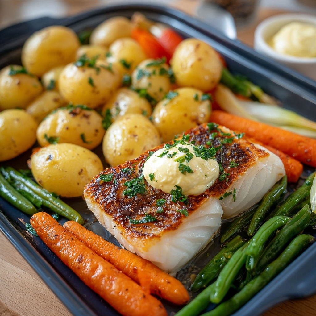 Une recette de poisson grillé avec des légumes verts et des pommes de terre.