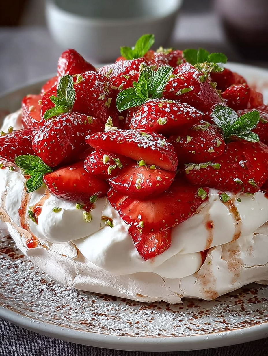 Une tarte aux fraises et crème sans four, garnie de fraises et de menthe, est servie sur un plateau.