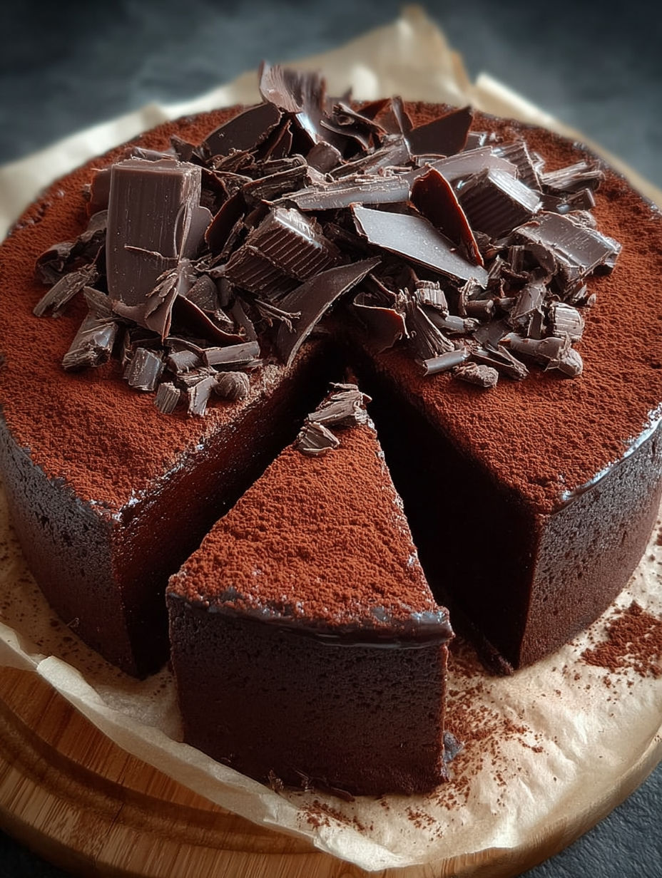 Une tarte chocolat avec des morceaux de chocolat sur le dessus.