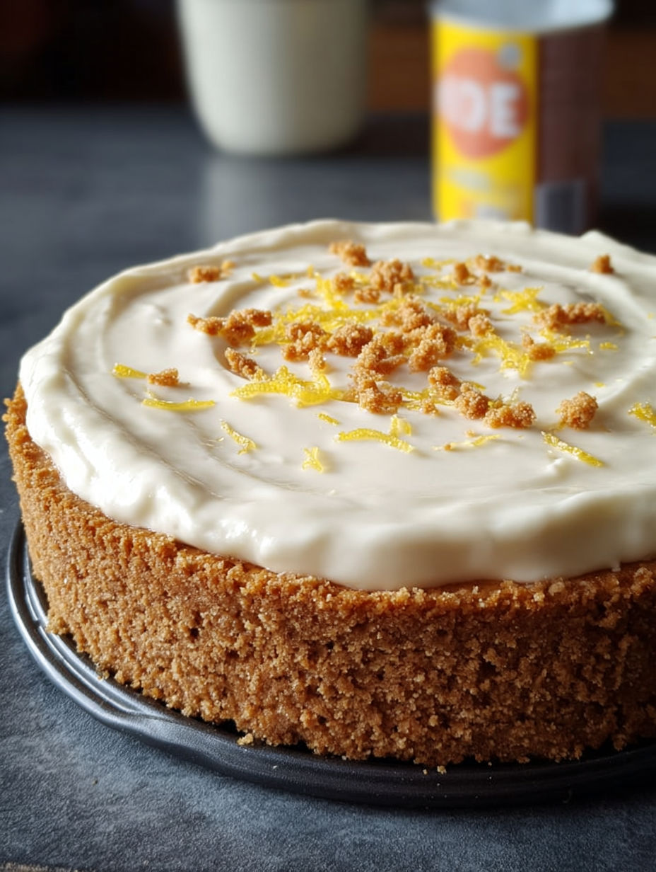 Une tarte aux citrons et oranges, avec une base de pâte brune et une couche de crème chantilly, est servie sur un plateau noir.