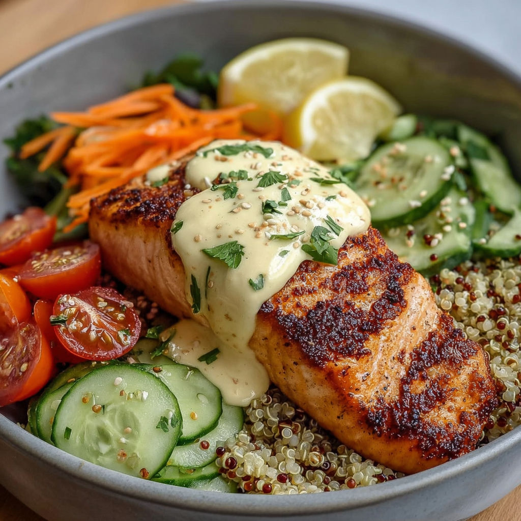 Une salade de saumon grillé avec des légumes verts et des carottes.