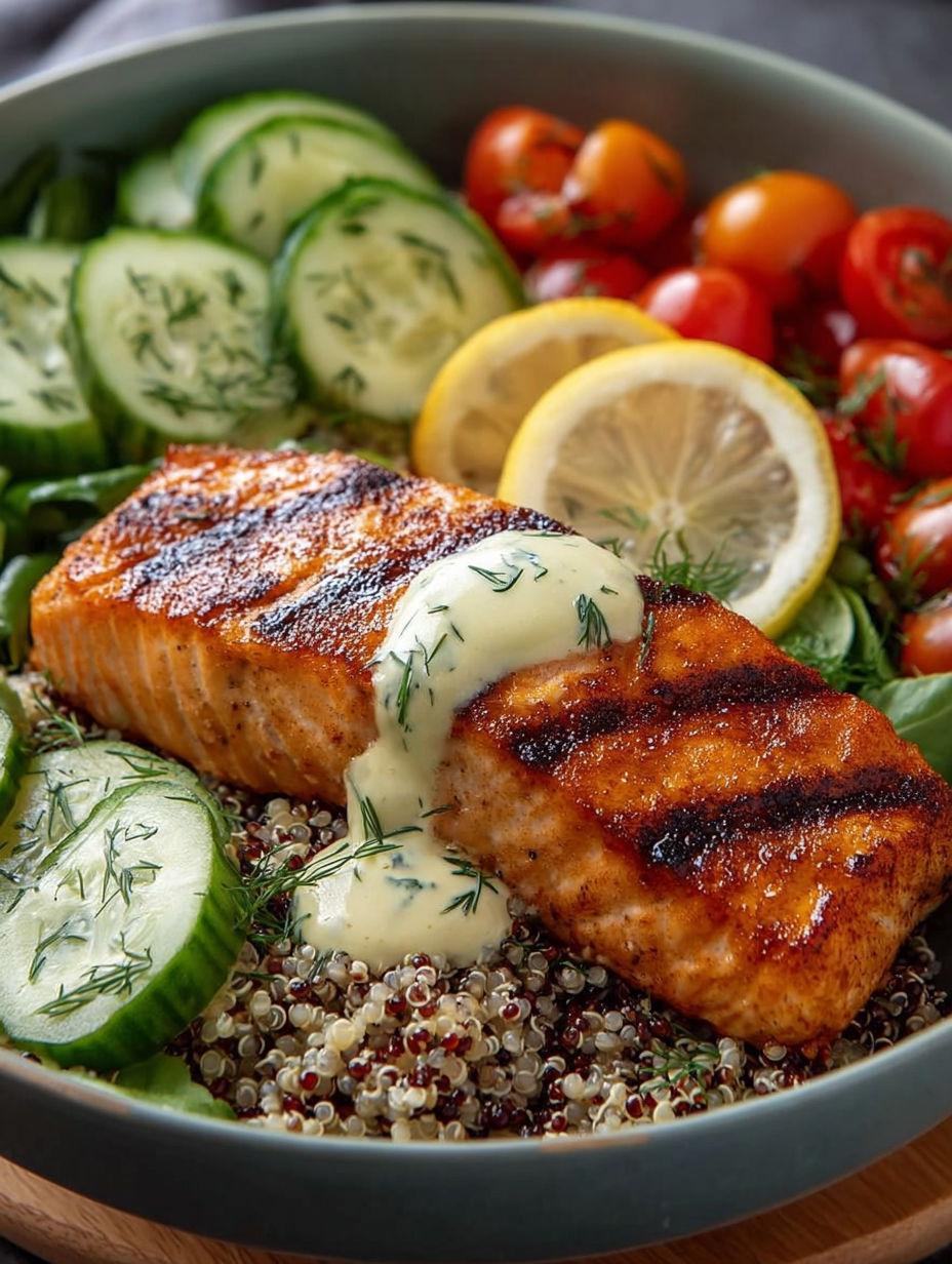 Salade de saumon grillé avec des légumes frais et des citrons. Une recette savoureuse et nutritive.