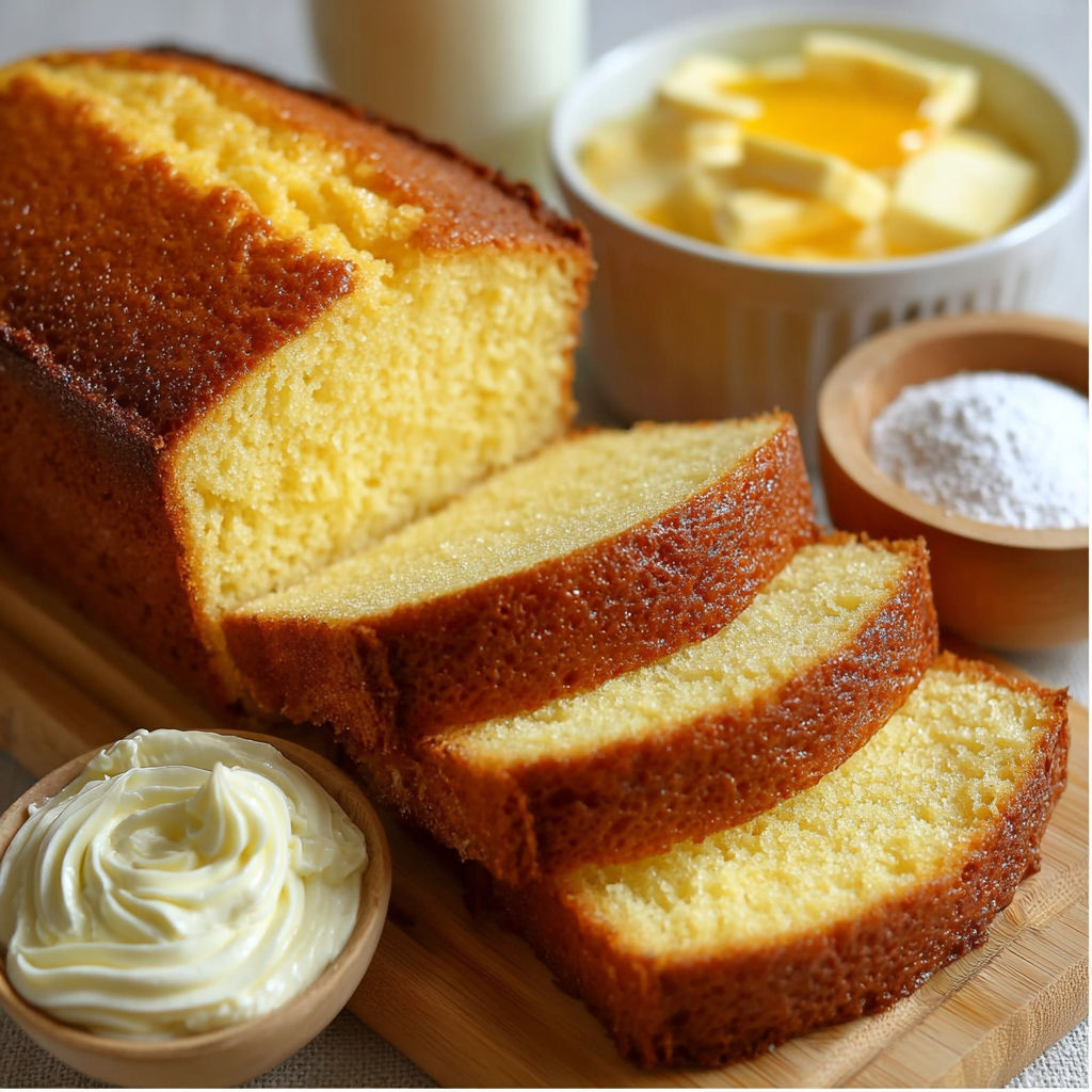 Une portion de cake nature ultra moelleux au lait, servie sur un plateau avec une cuillère et un bol de sucre.