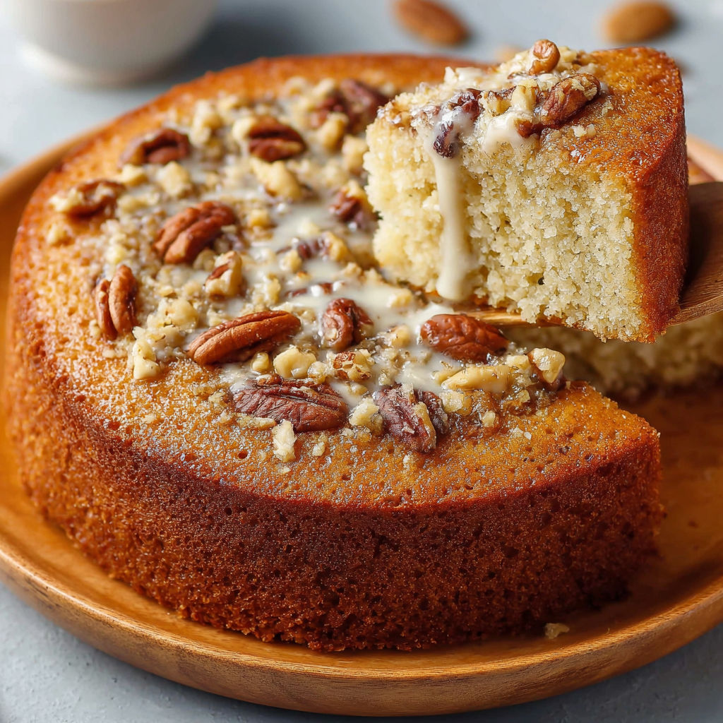 Une pièce de gâteau moelleux aux noix, prête à être mangée, est servie sur un plateau.