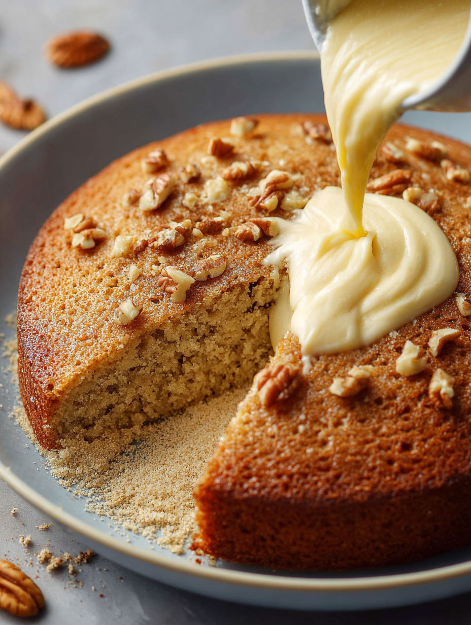Une portion de gâteau moelleux aux noix est servie sur un plateau.