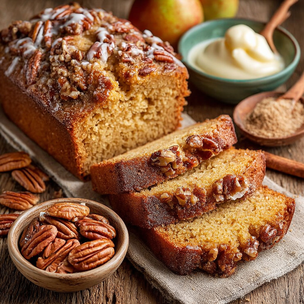 Une tasse de noix et une tasse de beurre sont présentées sur une table avec des tranches de gâteau de noix.