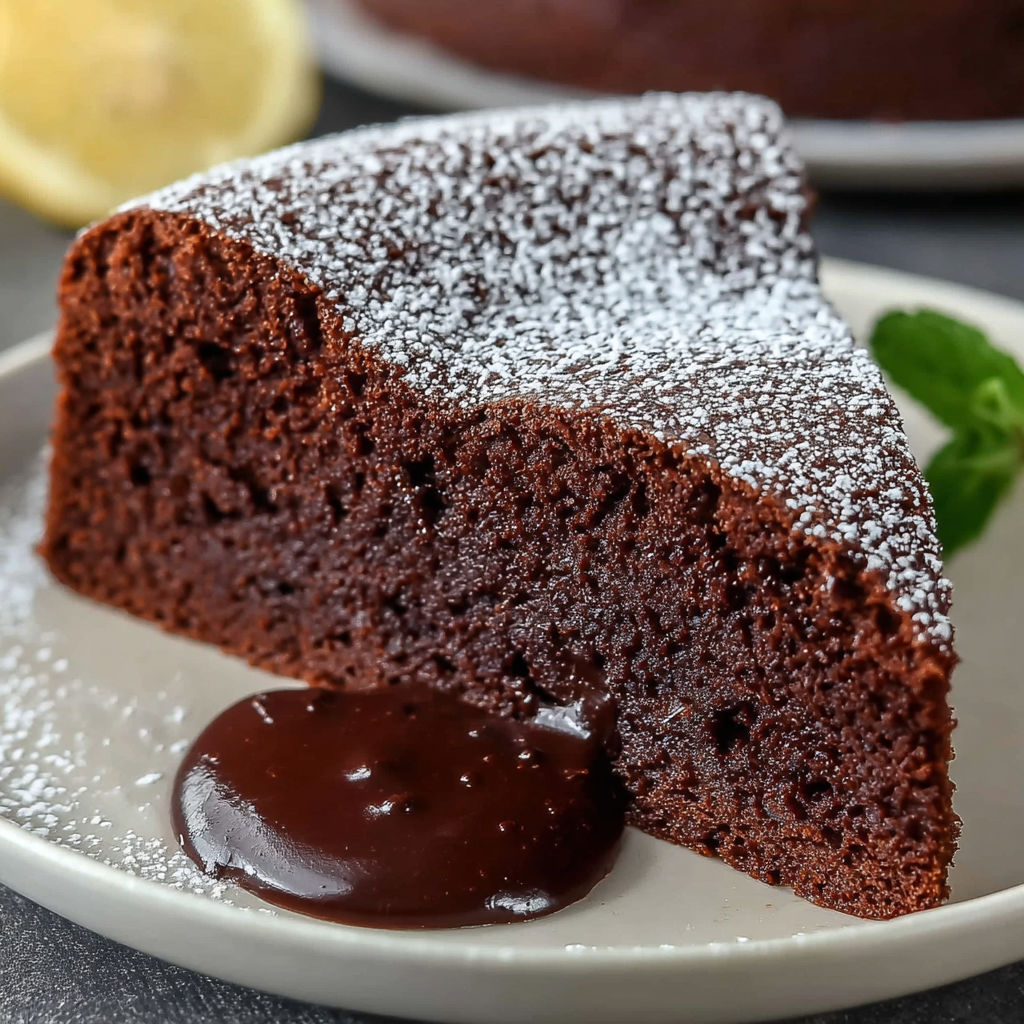 Une tarte au chocolat avec une sauce chocolat sur un plateau.