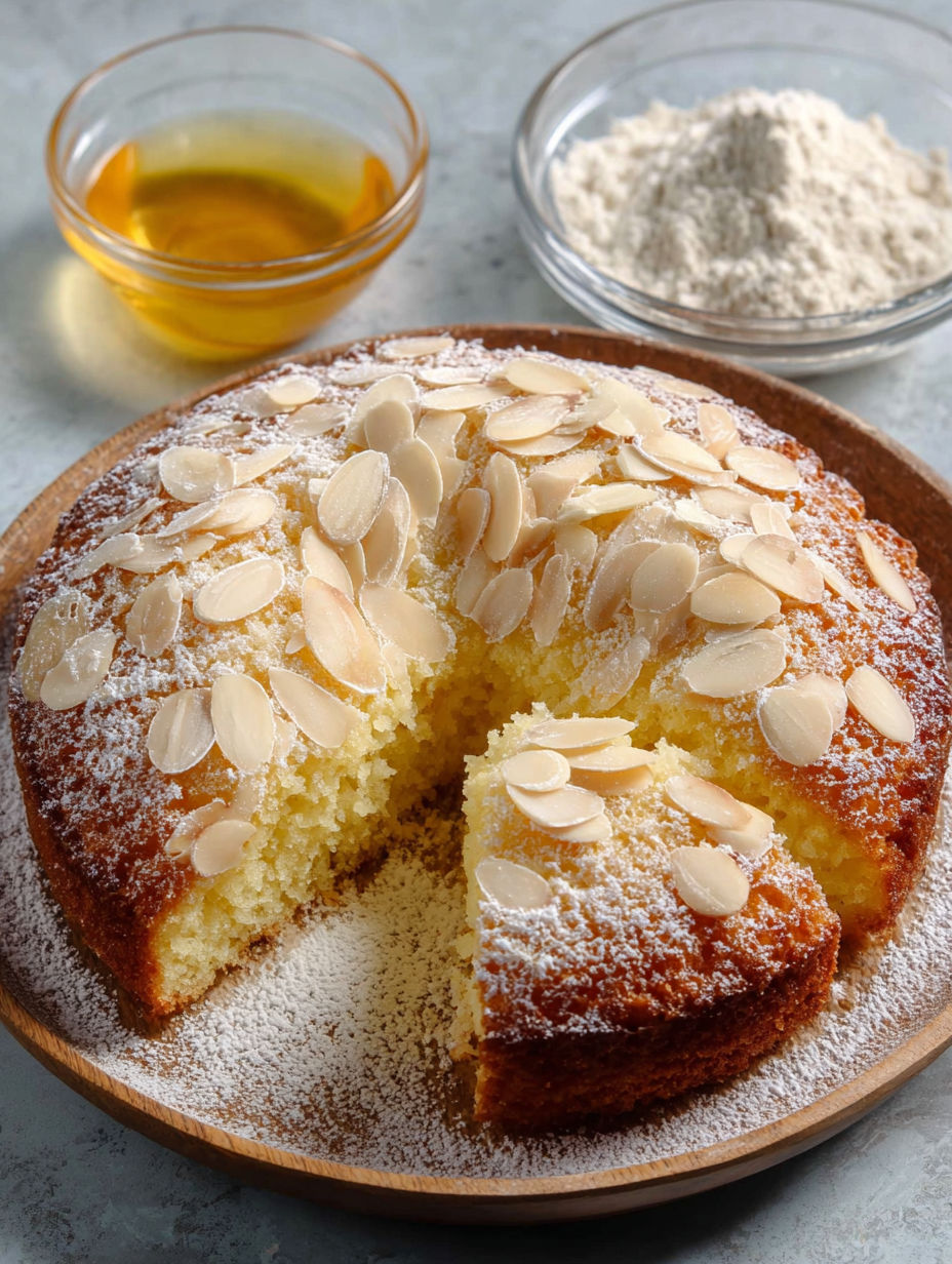 Une tarte aux amandes est servie sur un plateau avec une pâte de pistache.