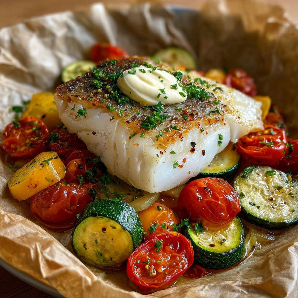 Une poisson grillé avec des légumes verts et des tomates rouges, accompagné d'une sauce au beurre.