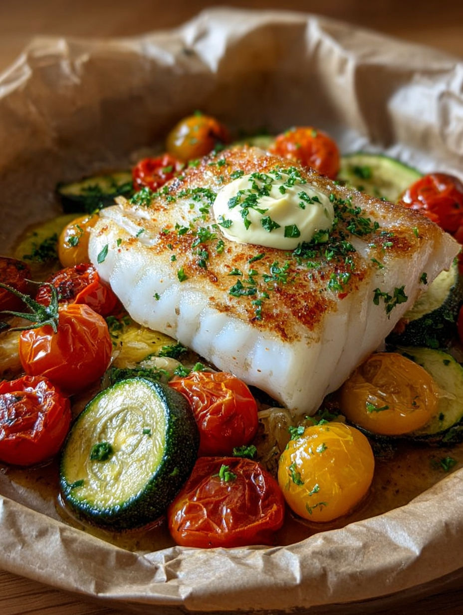 Soupe de poisson avec légumes frais" - Une assiette de poisson grillé avec des légumes frais, y compris des tomates, des aubergines et des courgettes, est servie sur une serviette de papier.