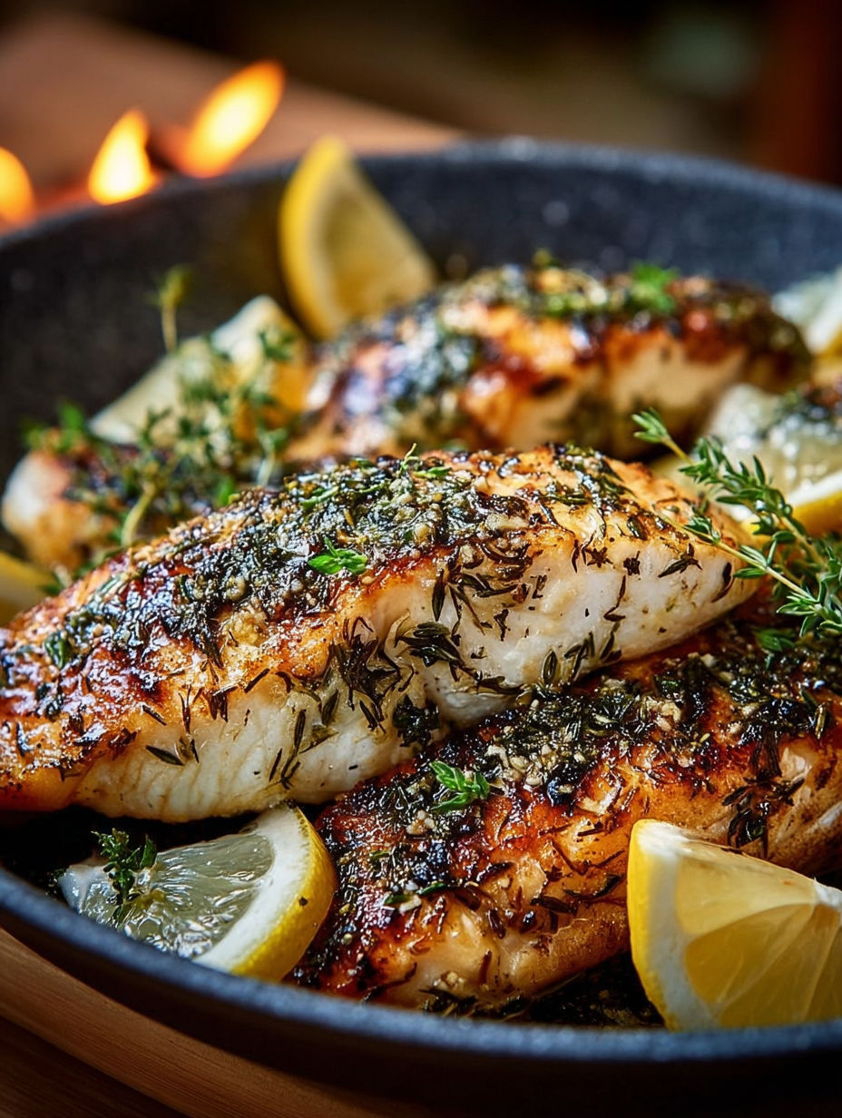 Délicieux poissons grillés avec des citrons et des herbes, servies dans un bol en grès. Une recette savoureuse et rafraîchissante.