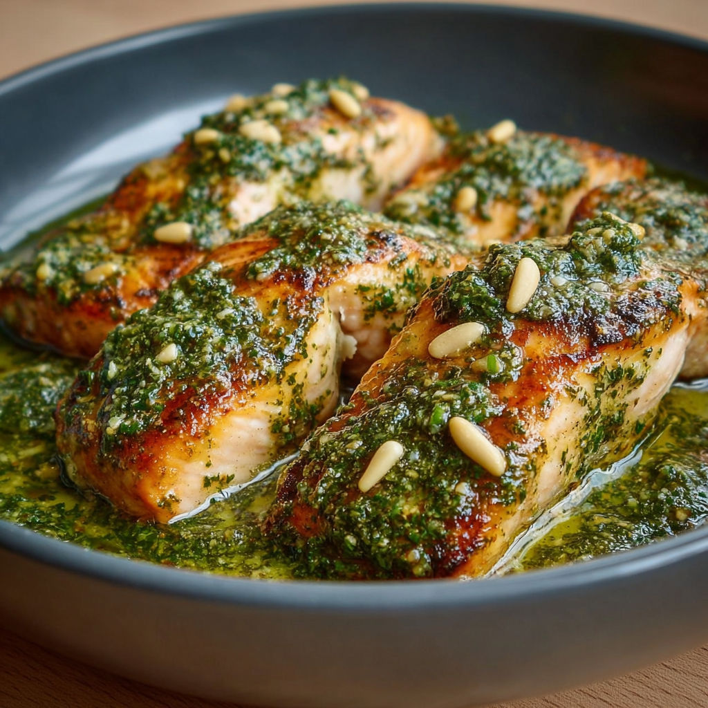 Saumon Poêlé Sauce Pesto Crémeuse aux Pignons.