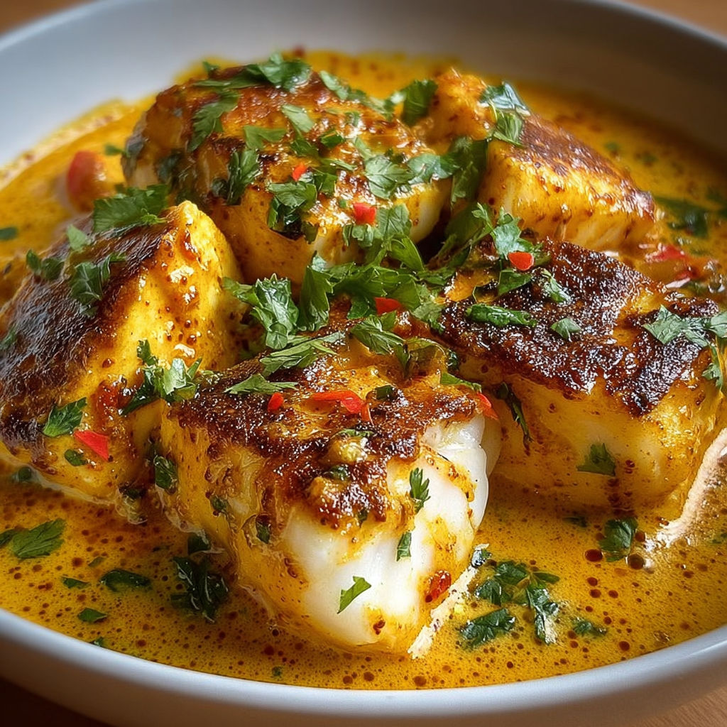 Poisson crémeux sauce curry épicée.