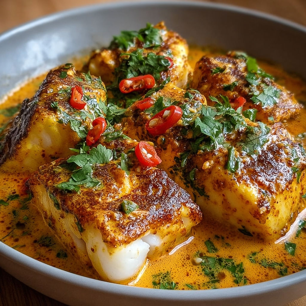 Un plat de poisson grillé avec des épices et des herbes, accompagné d'une sauce.