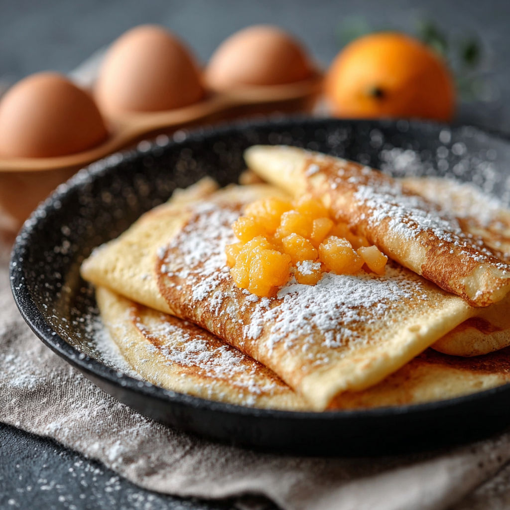 Une plate de crêpes aux amandes, avec des œufs et des oranges, est servie sur un plateau.