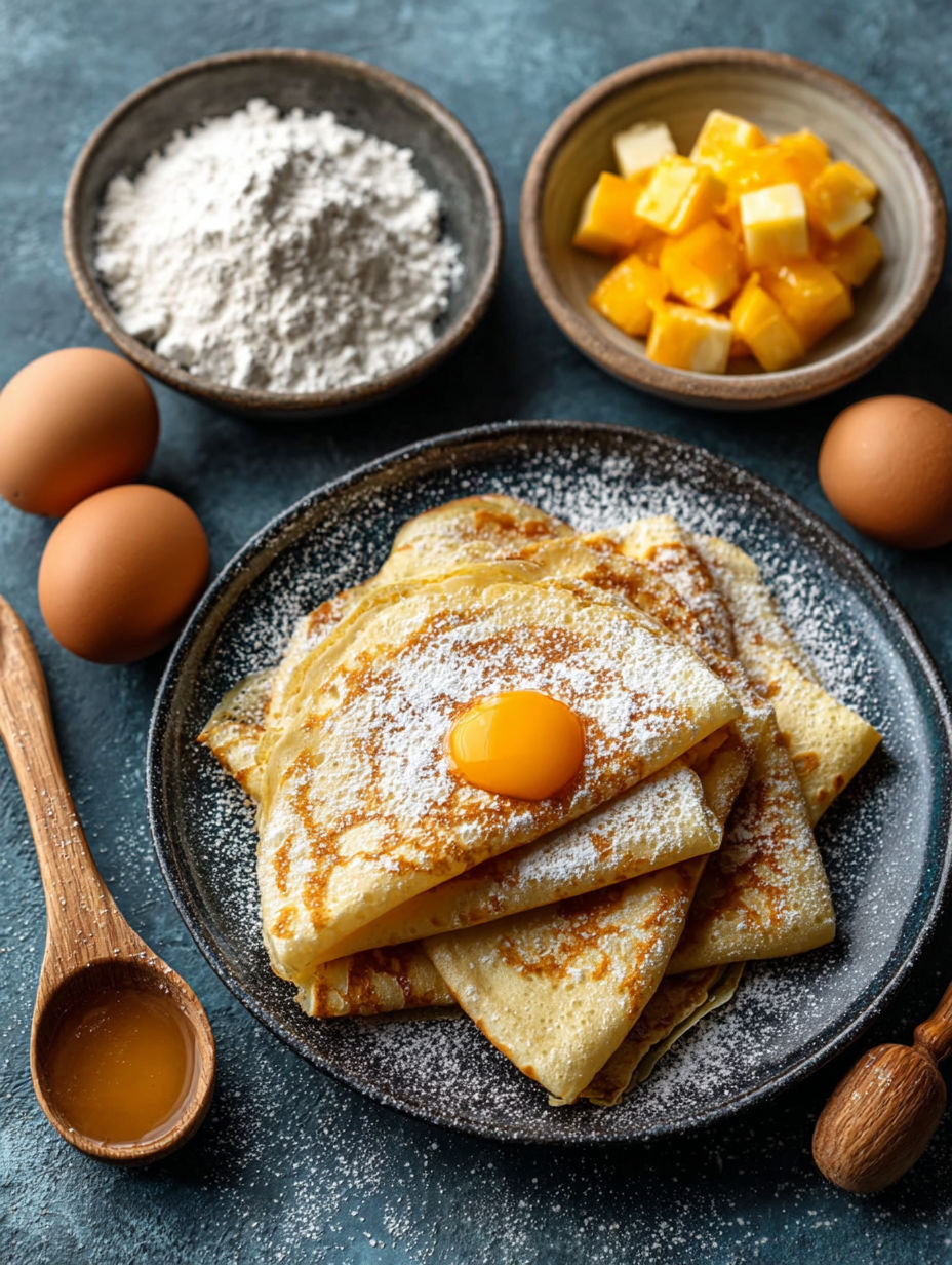 Une tarte aux pommes et des crêpes, avec des œufs et des pommes, est servie sur une table.