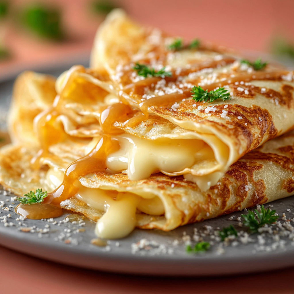 Une crêpe au fromage fondant est servie sur un plateau.