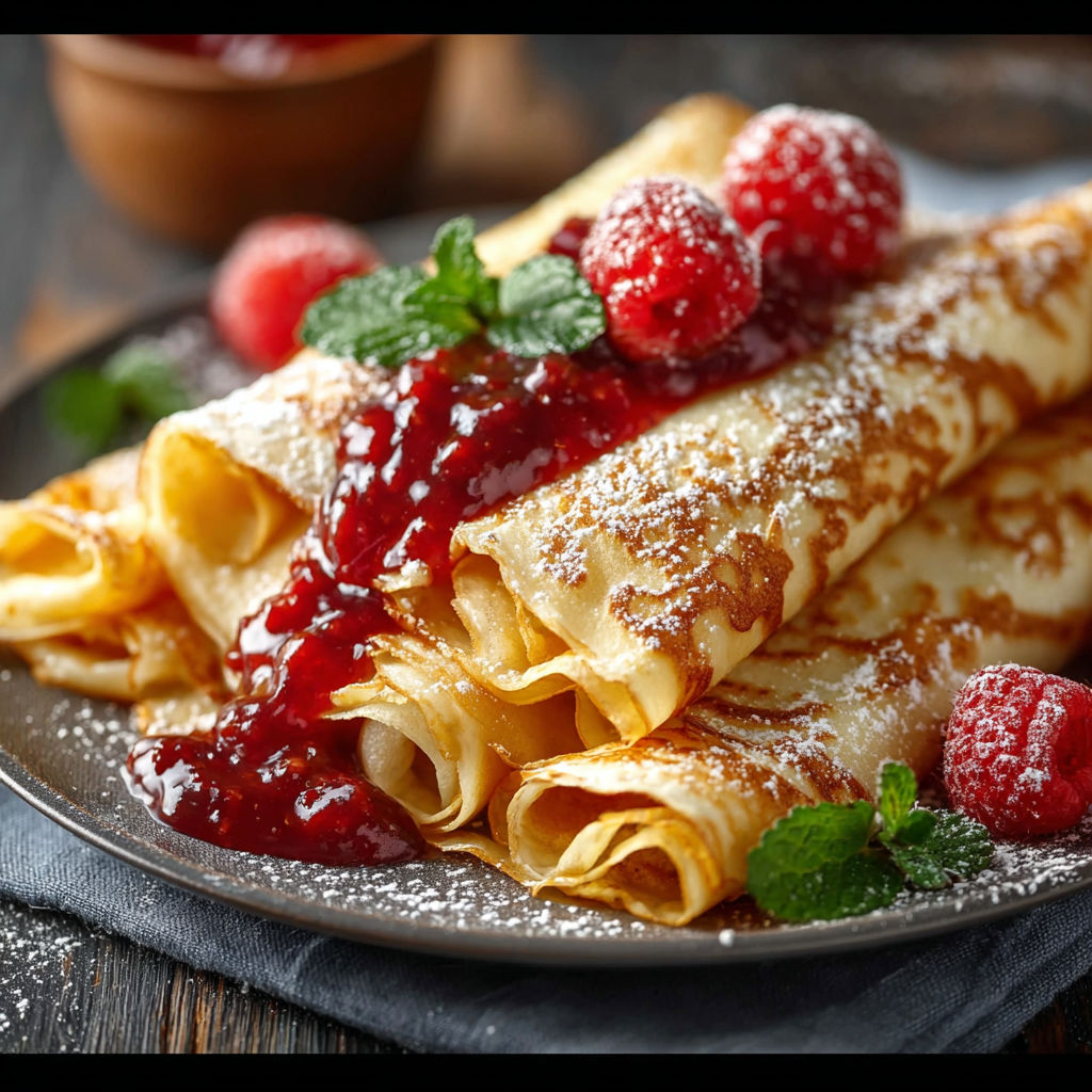 Une tarte aux fruits garnie de crème et de sucre, accompagnée de raspberries et de mélange de menthe.