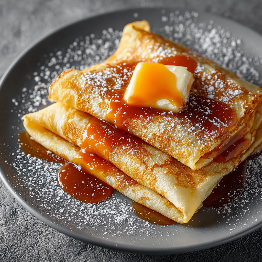 Une pile de crêpes au caramel au beurre salé, garnies de sucre et de caramel, sur un plateau.