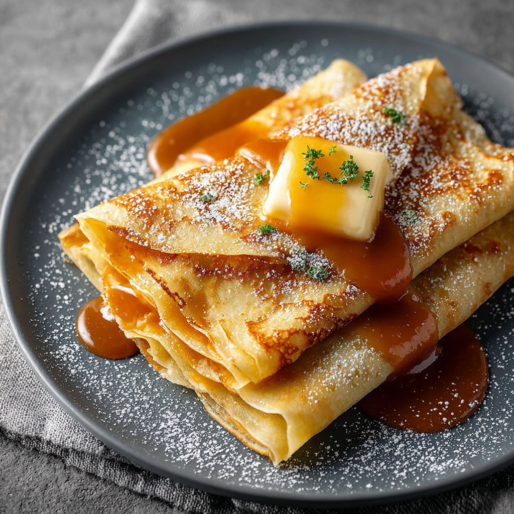 Une tarte aux fruits flottants et sauce caramel sur un plateau.