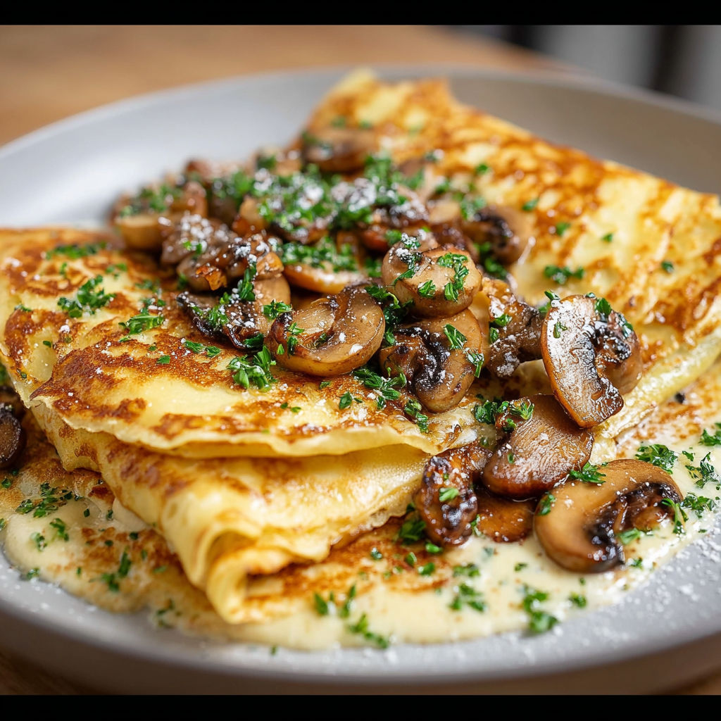 Une pile de crêpes au mushroom et au parsley, avec une sauce au beurre.