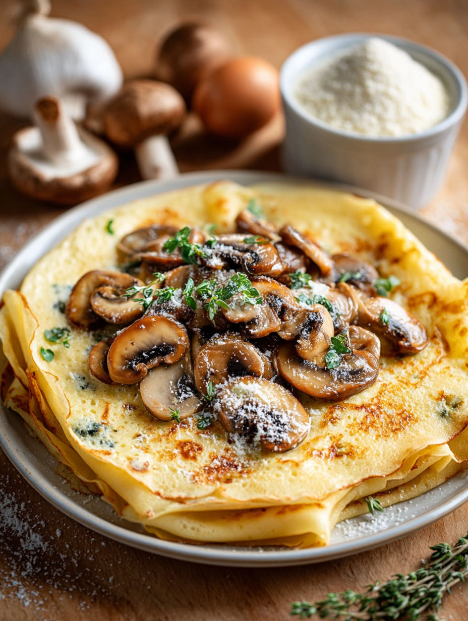 Une quiche aux champignons est servie sur un plateau avec des champignons frais et des herbes.