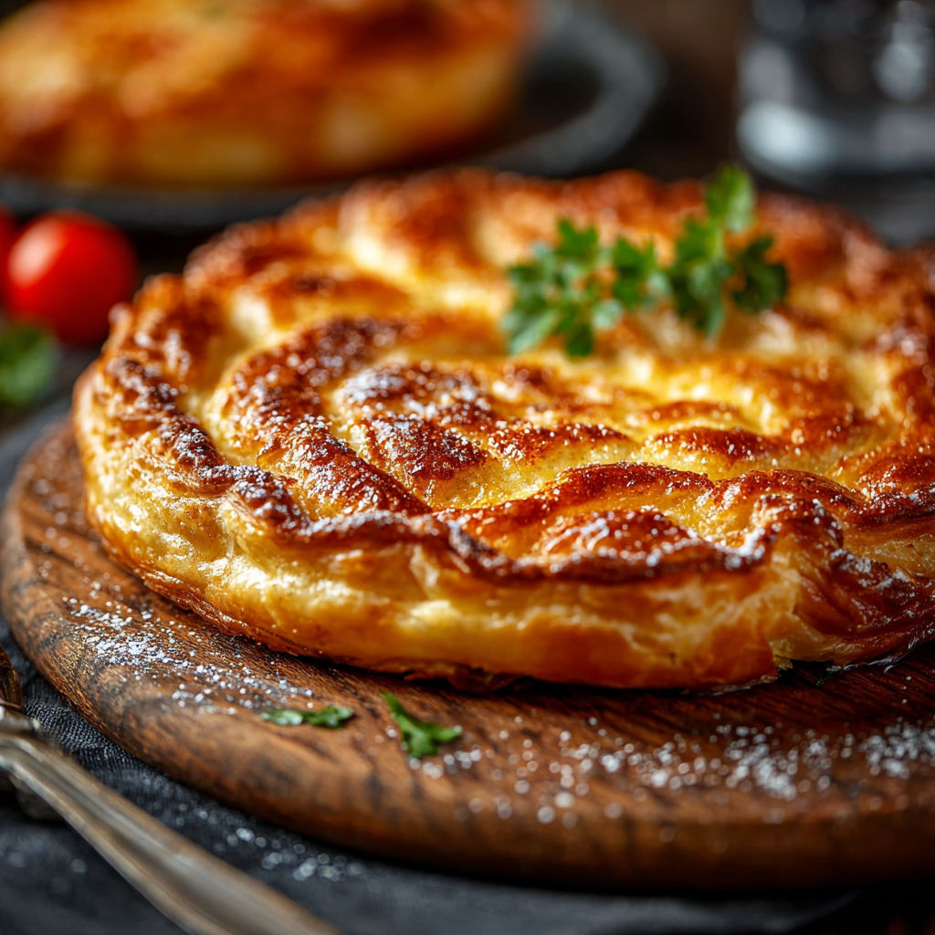 Une galette bretonne traditionnelle est servie sur un plateau avec des herbes fraîches.