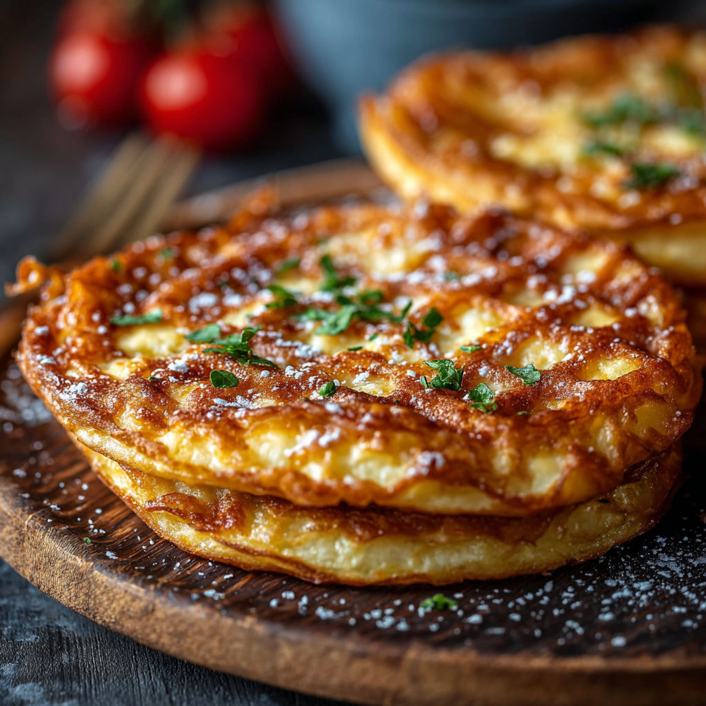 Une pâte à crêpes est servie sur une plaque de bois avec des herbes fraîches.