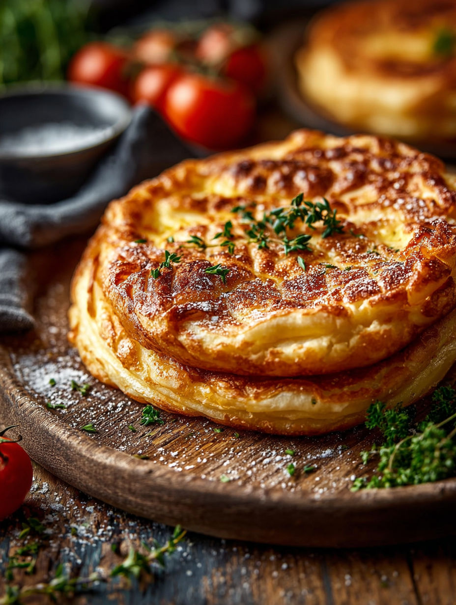 Une tarte aux tomates et aux herbes, servie sur un plateau de bois.