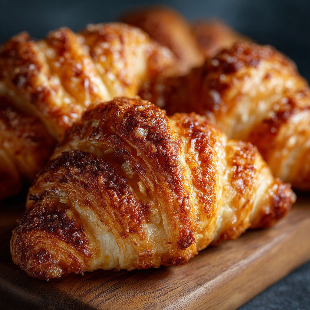 Une pile de croissants chauds et dorés sur une planche de bois.