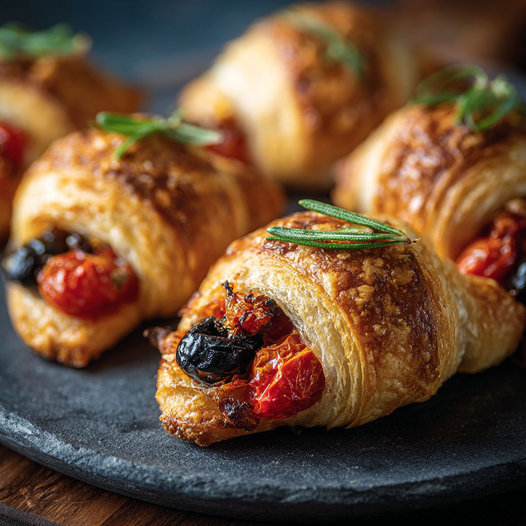 Mini croissants tomate et olives sur un plate noire.